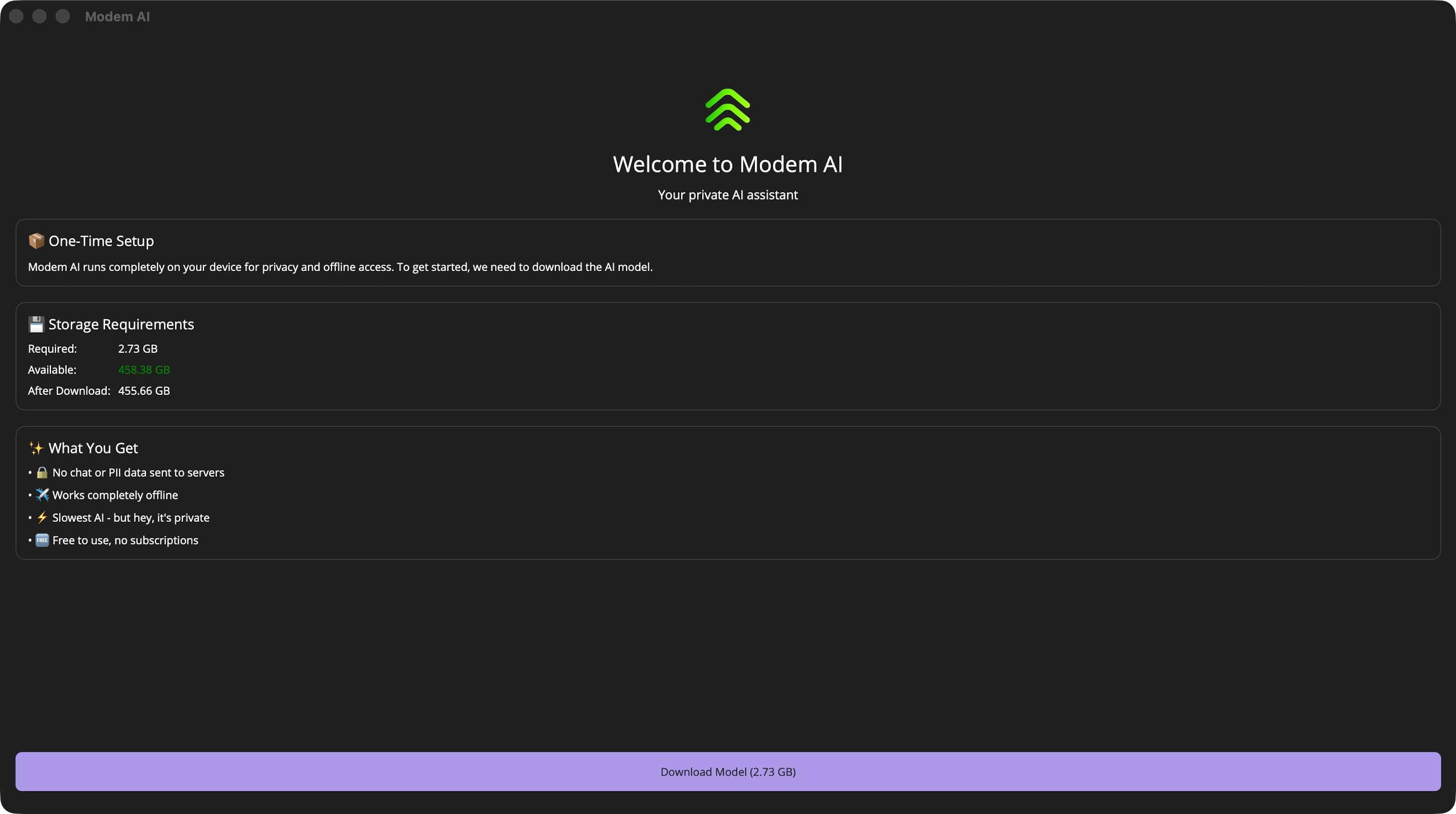 Modem AI Welcome Screen